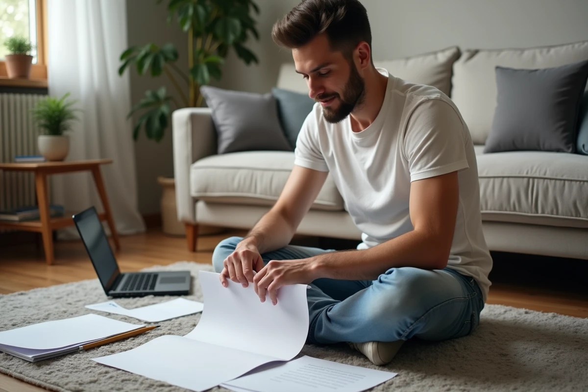 Jeune homme assemble des pages dans un salon cosy