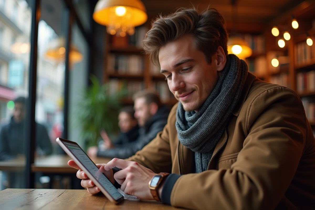 Jeune homme lisant un script sur une tablette dans un café