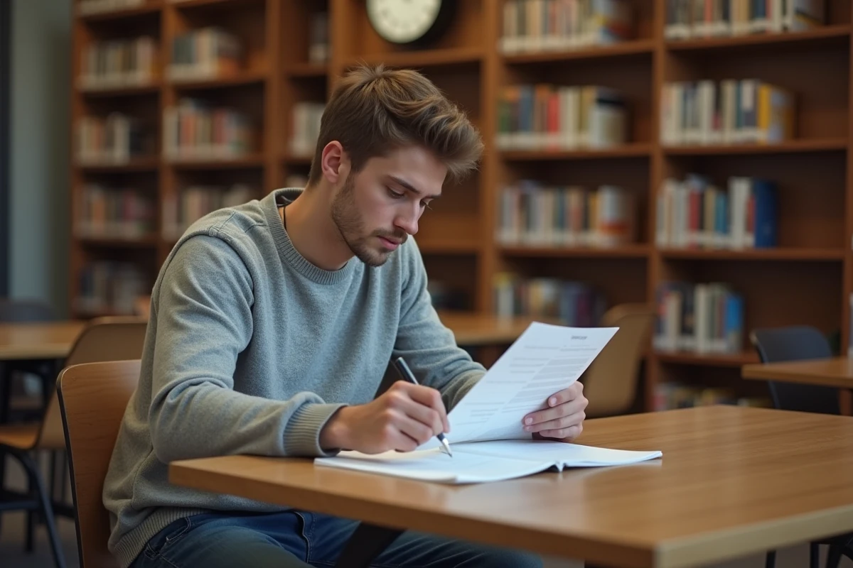 Jeune homme en sweater gris étudiant un test dans une bibliothèque