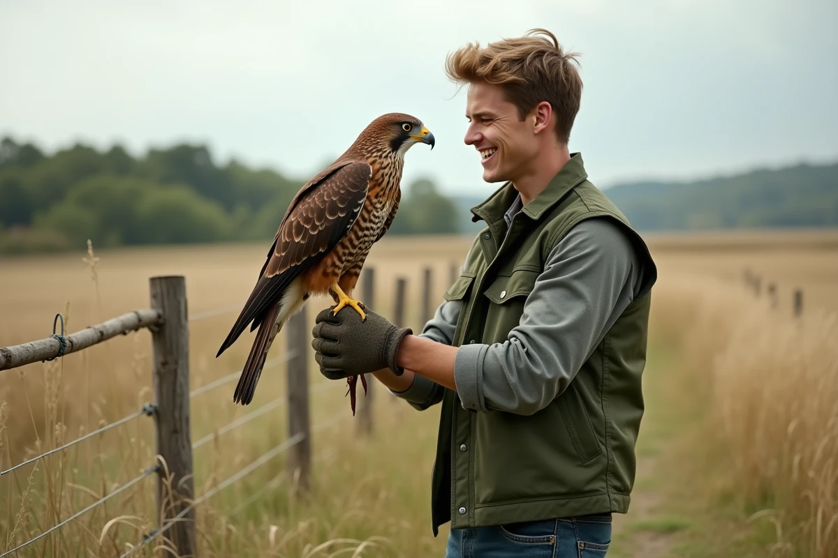 Jeune homme avec un faucon dans un champ naturel