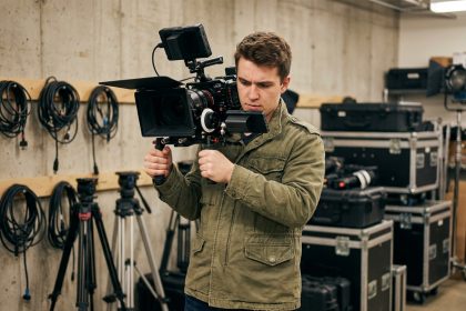 Jeune homme en formation audiovisuelle tenant une caméra professionnelle dans un atelier de cinéma sans diplôme de bac