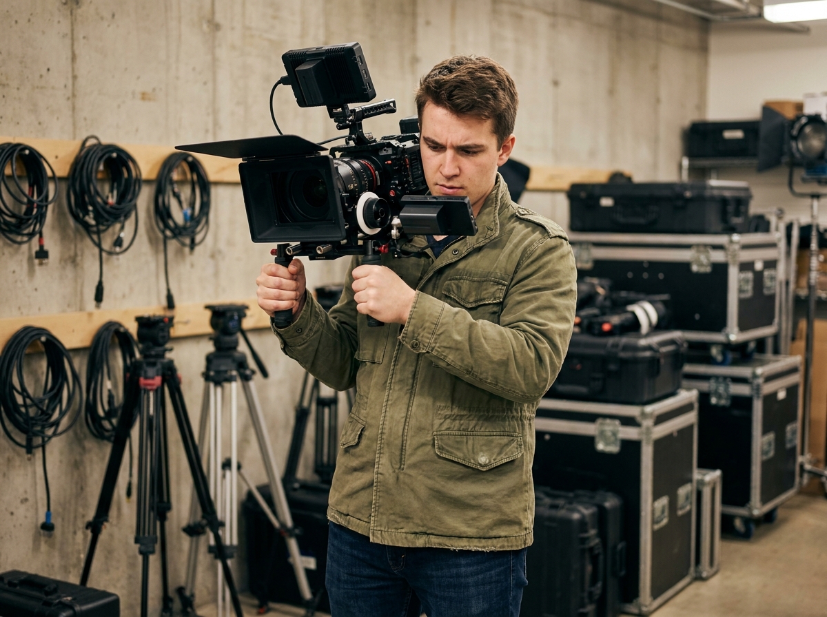 Jeune homme en formation audiovisuelle tenant une caméra professionnelle dans un atelier de cinéma sans diplôme de bac