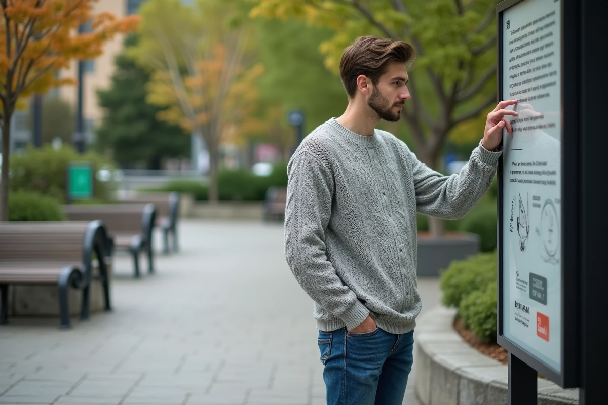 Jeune homme lisant un panneau en braille dans un parc