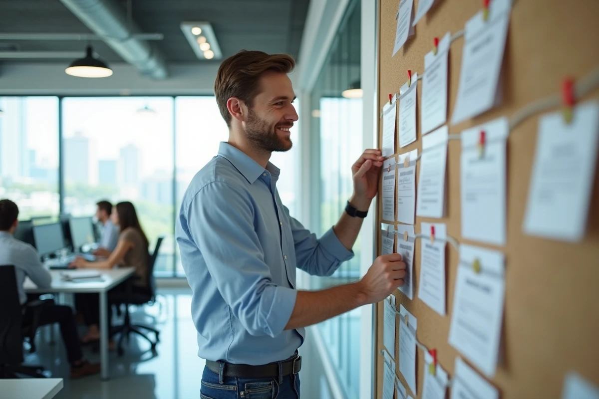 Jeune homme pinçant des cartes sur un tableau d
