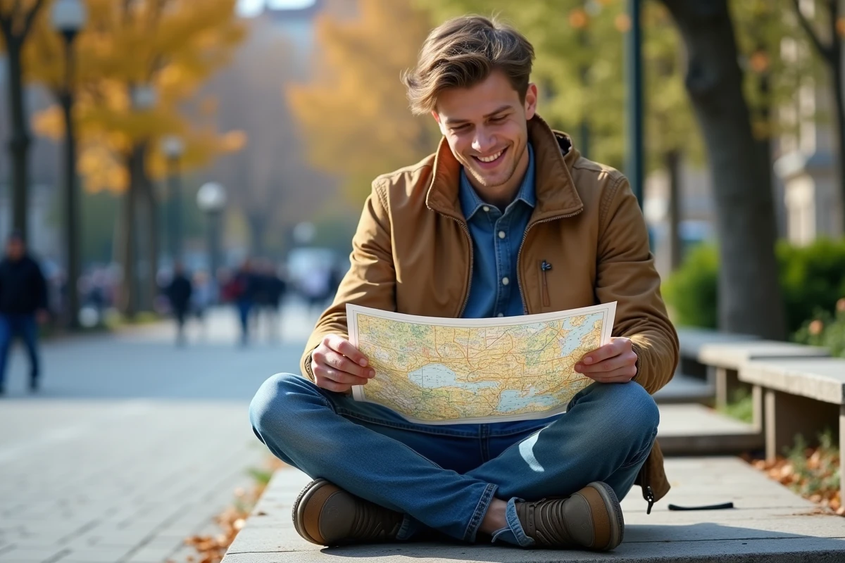 Jeune homme examine une carte en plein air dans un parc urbain