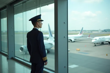 Jeune pilote Air France regardant les avions à l'aéroport