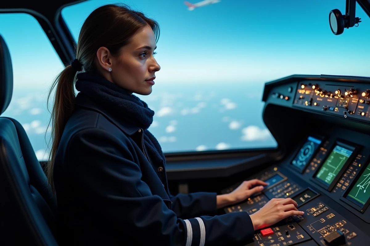 Jeune femme pilote en formation dans un simulateur de cockpit