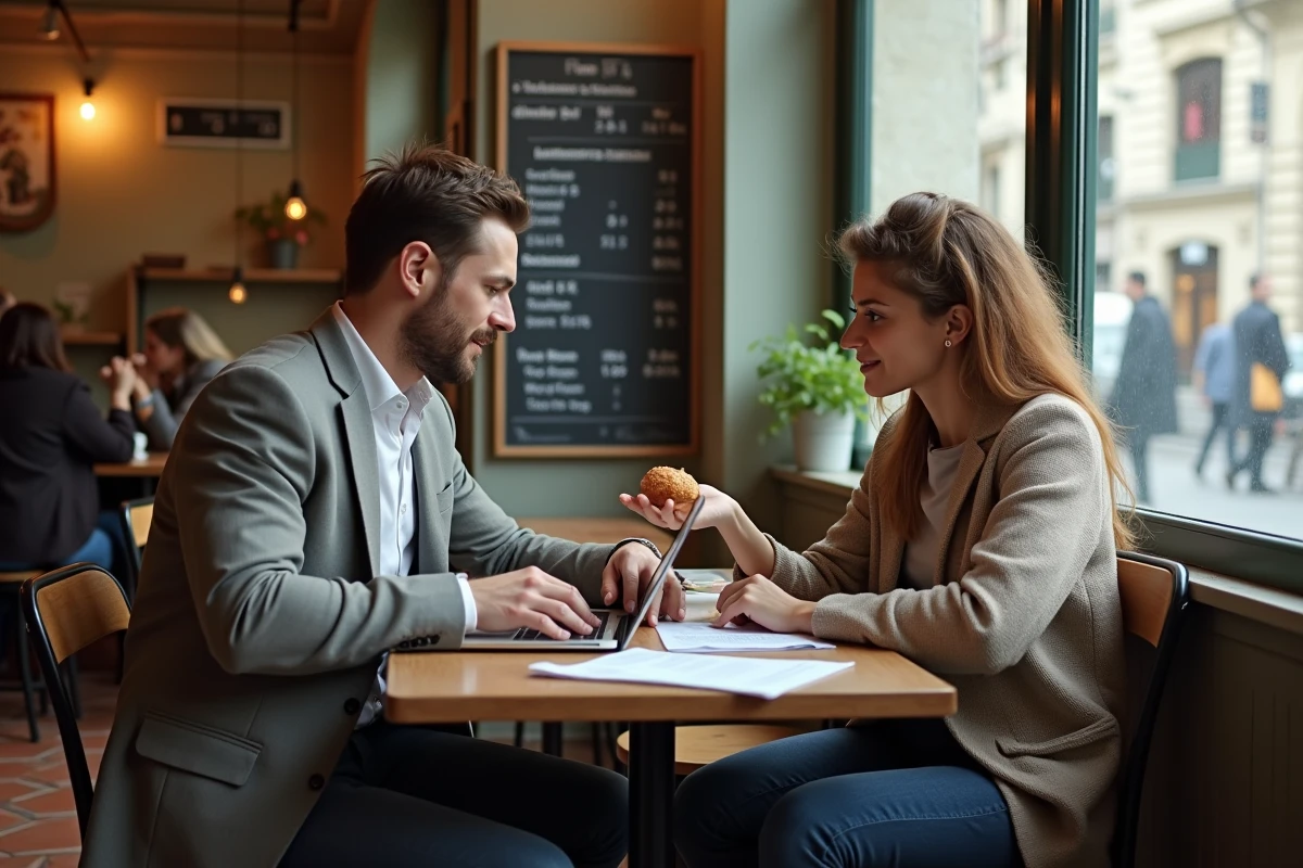Deux jeunes enseignants discutant de leur budget et de leur salaire de débutants autour d'un ordinateur portable dans un café parisien