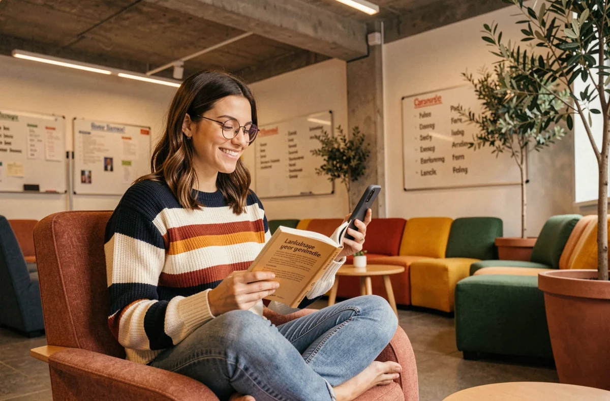 Étudiante souriante en cours de langue dans l'espace décontracté et moderne de Linguish à Lille