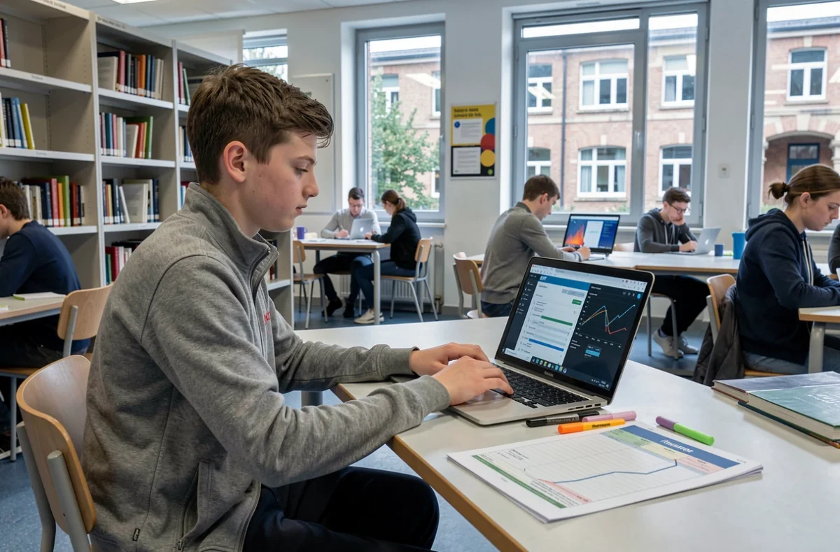 Lycéen consultant l'ENT Auvergne sur ordinateur portable dans la bibliothèque du lycée