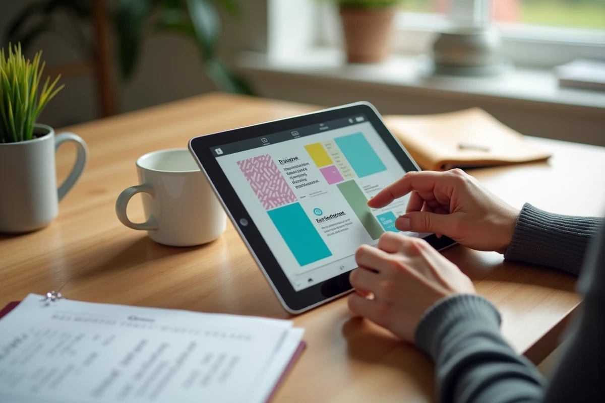 Gros plan de mains féminines manipulant un cours Canva sur tablette avec un carnet de notes et un café sur un bureau en bois