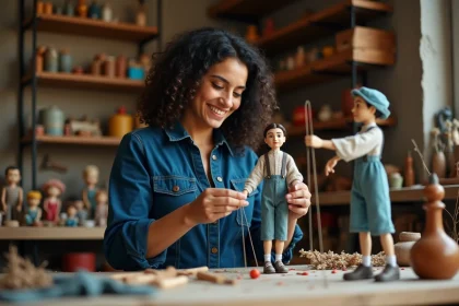 Femme d'âge moyen manipulant une marionnette dans un atelier créatif
