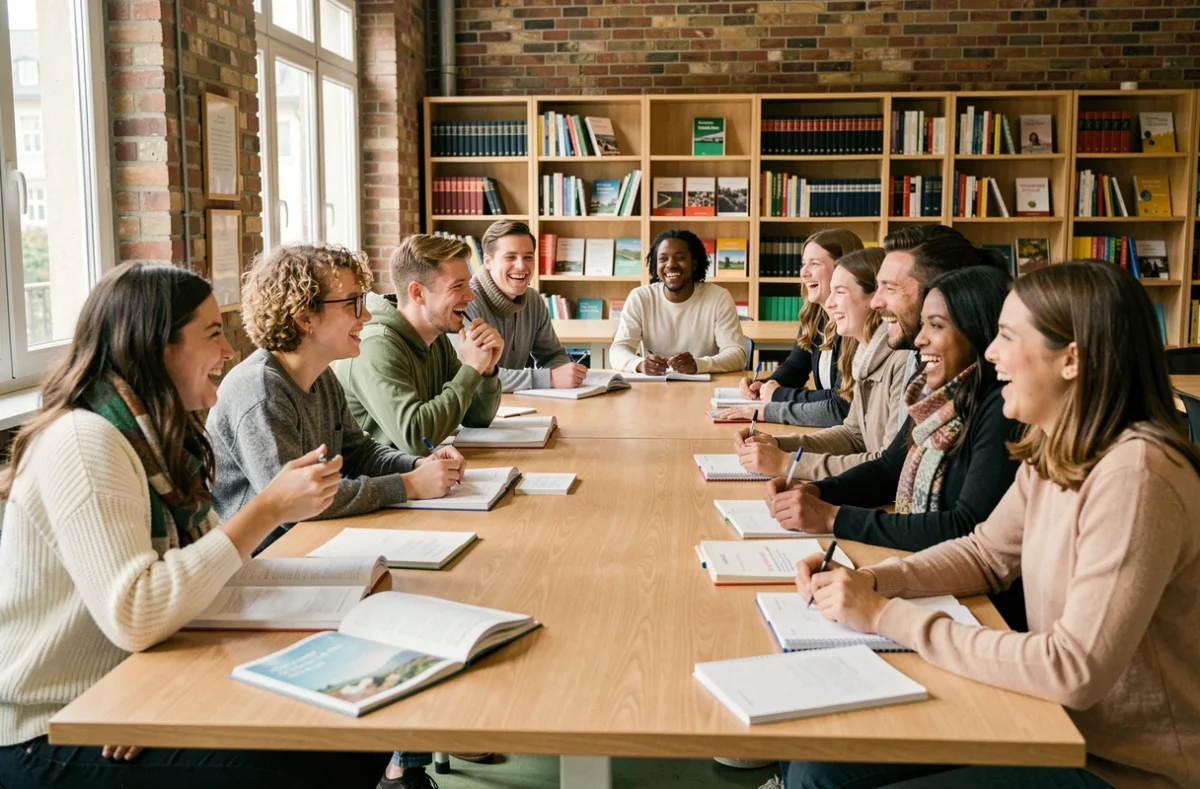 Groupe d'étudiants adultes dans une école de langues du Nord, autour d'une grande table avec livres et cahiers