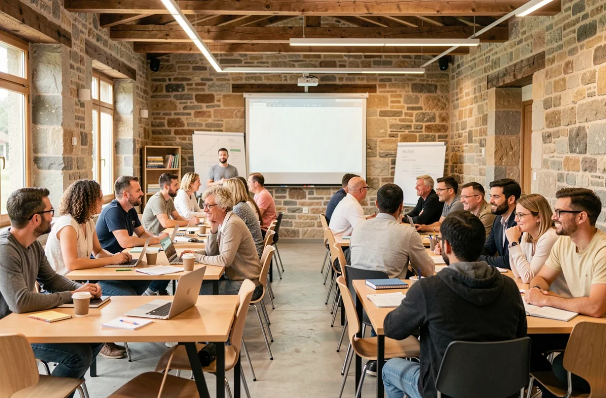 Vue d'ensemble d'un centre de formation en Bourgogne-Franche-Comté avec des adultes en apprentissage professionnel