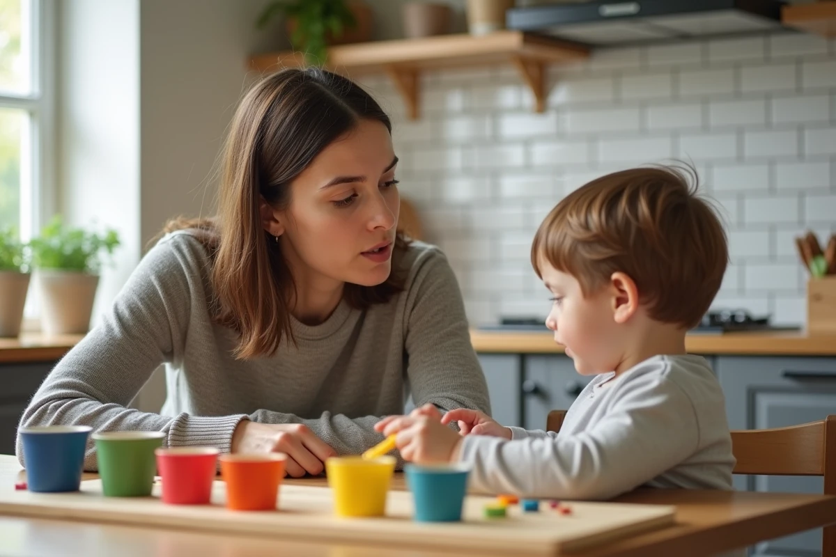 Mère observant attentivement son enfant lors d'un exercice de tri par couleurs à la maison pour détecter d'éventuels signaux d'alerte