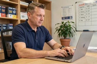 Moniteur d'auto-école connecté à la plateforme ELGEAWEB sur un ordinateur portable dans son bureau
