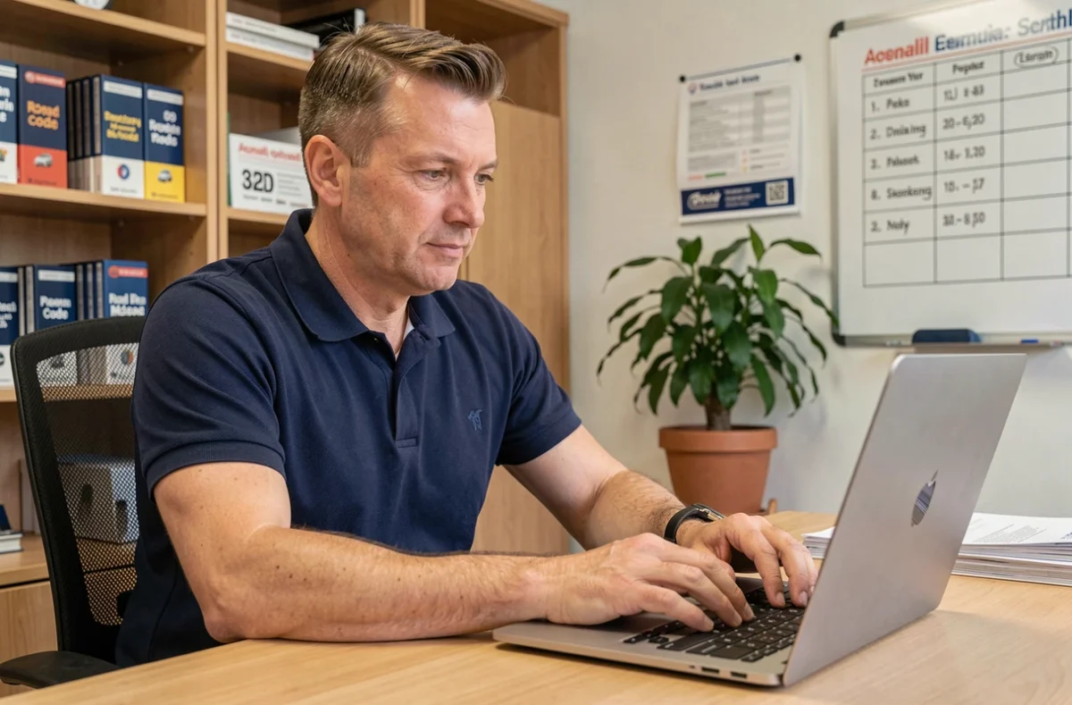 Moniteur d'auto-école connecté à la plateforme ELGEAWEB sur un ordinateur portable dans son bureau