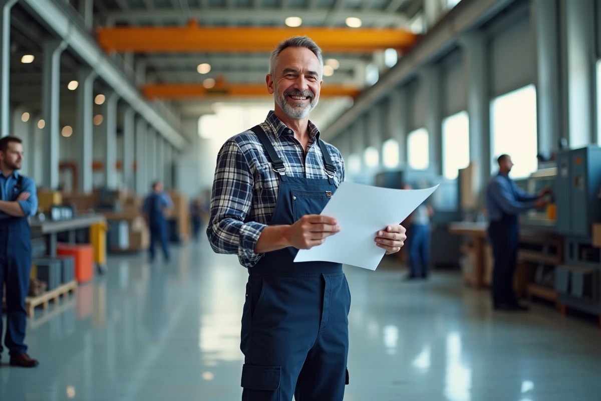 Ouvrier en usine examinant des plans dans une usine moderne
