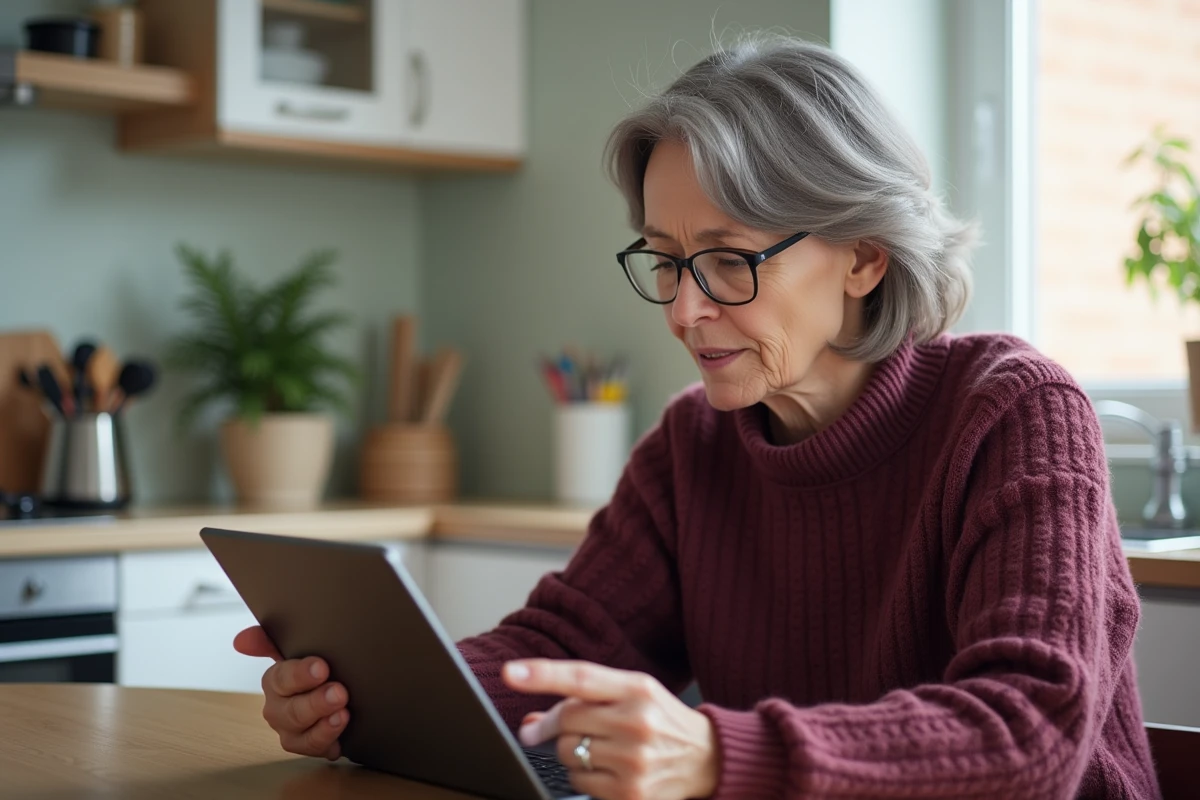 Mère de famille consultant le portail ENT Aisne sur une tablette depuis son domicile