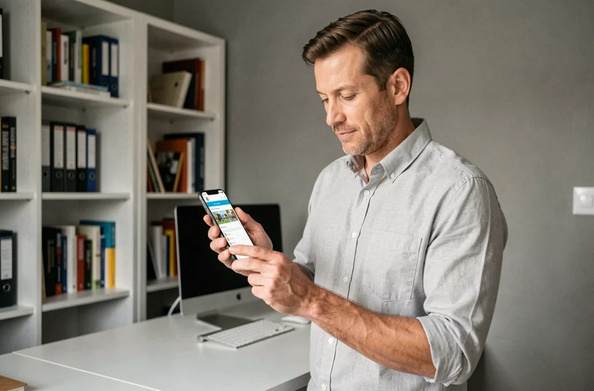 Père consultant le portail ENT Mon Lycée sur son smartphone dans un bureau à domicile pour suivre les résultats scolaires