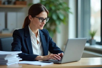 Personnelle administrative de l'académie Toulouse Convergence consultant son espace numérique sur un ordinateur portable dans un bureau institutionnel moderne