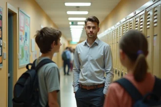 Pion jeune homme en collège discutant avec des élèves dans un couloir scolaire