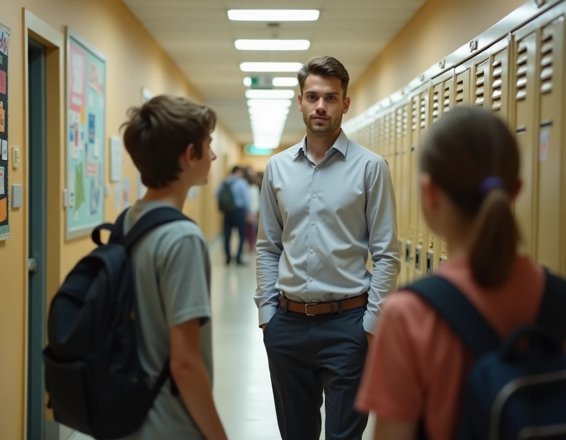 Pion jeune homme en collège discutant avec des élèves dans un couloir scolaire
