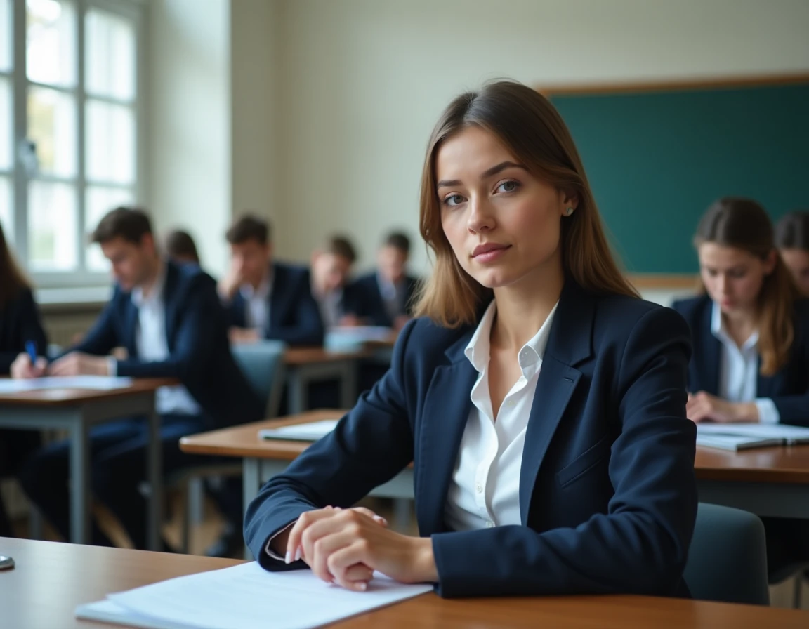 Pion jeune femme surveillant une salle d'étude dans un lycée français