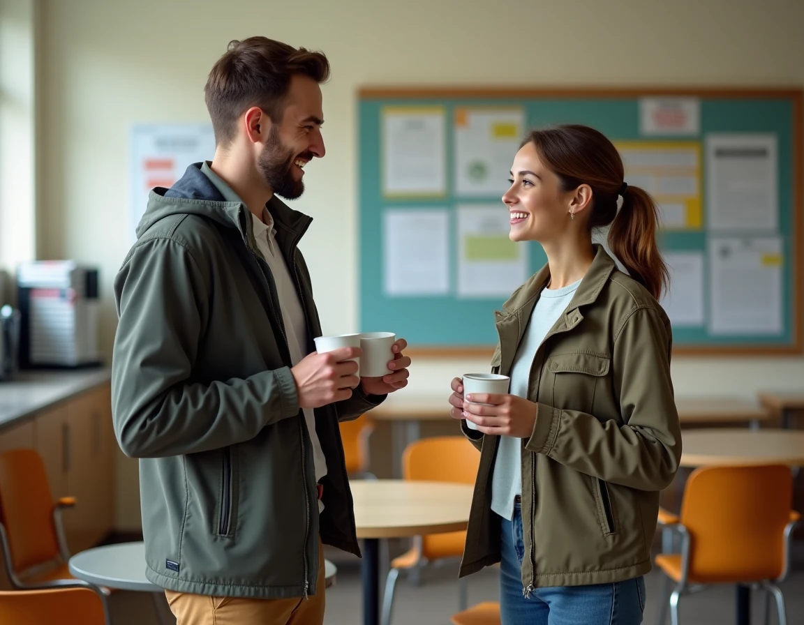 Deux pions discutant dans la salle des professeurs d'un établissement scolaire
