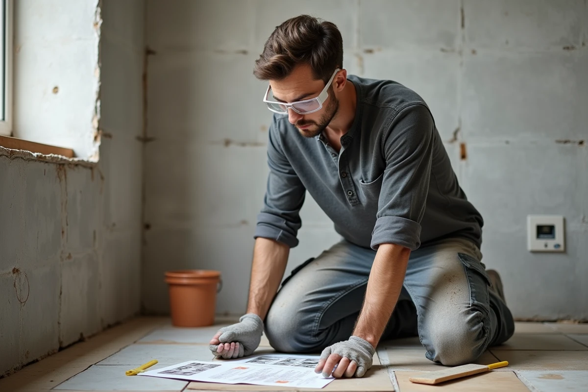 Jeune bricoleur posant du carrelage en suivant un guide imprimé lors d'une rénovation de salle de bain