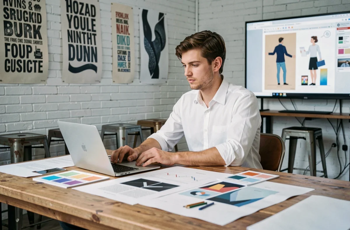 Jeune graphiste en premier emploi travaillant sur des projets créatifs dans un studio de design graphique à Paris