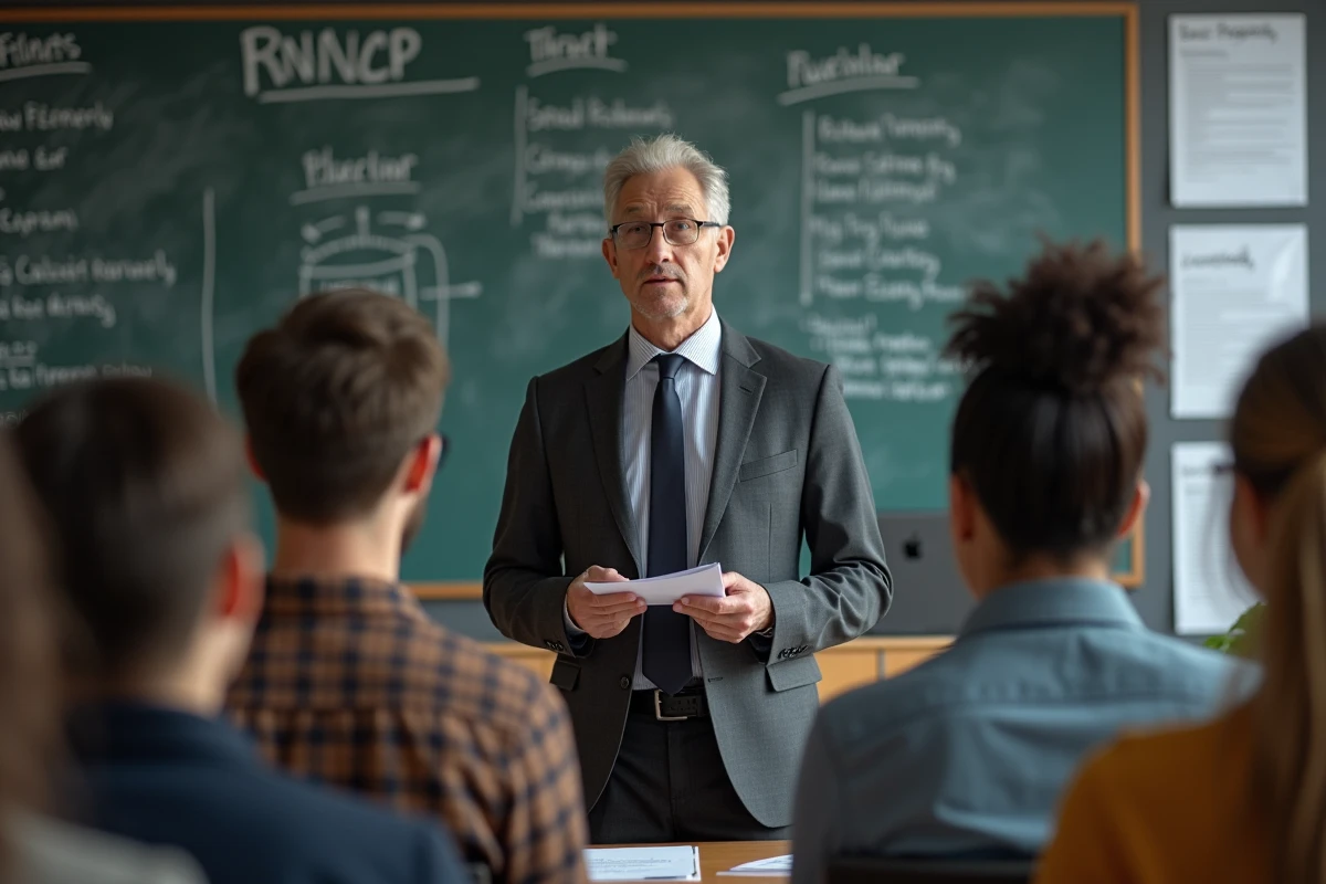 Homme présentant un diplôme RNCP à des étudiants en classe