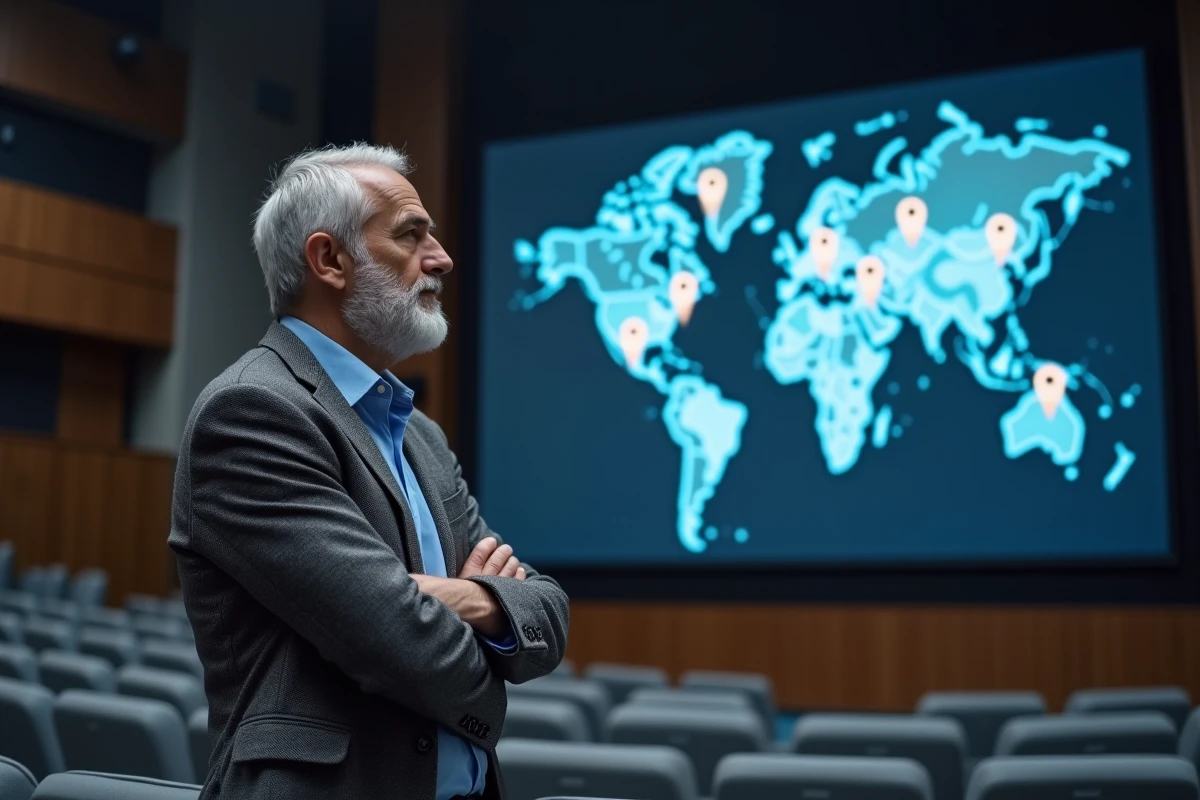 Professeur universitaire analysant le classement mondial des universités 2026 devant une carte interactive