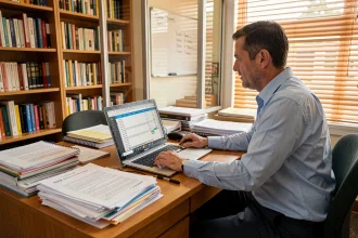 Professeur assis à son bureau examinant un tableau de calcul de salaire et d'heures supplémentaires dans une salle des professeurs