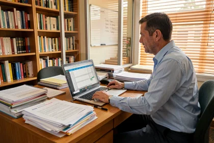 Professeur assis à son bureau examinant un tableau de calcul de salaire et d'heures supplémentaires dans une salle des professeurs