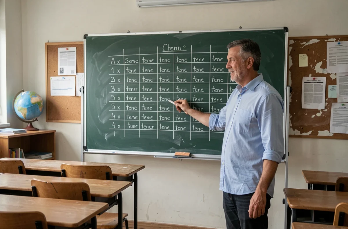 Professeur de langue devant un tableau noir avec la conjugaison du verbe tener au passé simple en espagnol