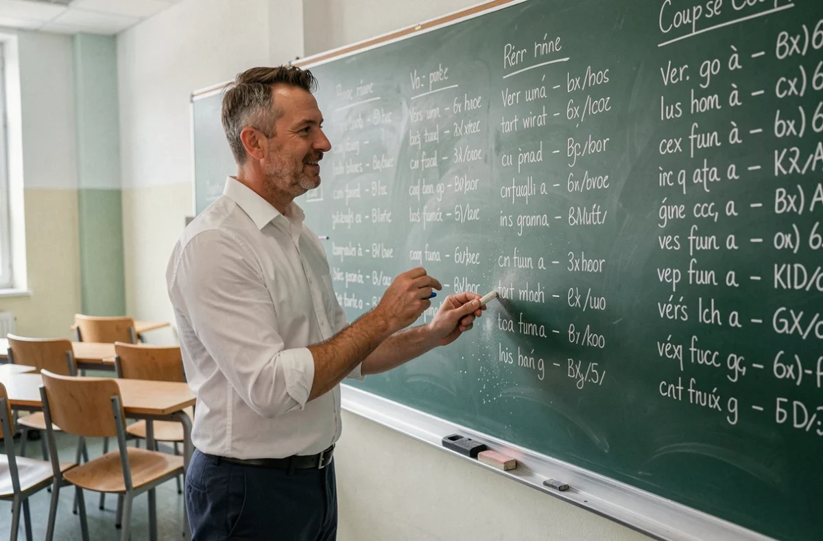 Professeur de français devant un tableau noir avec des tableaux de conjugaison des verbes du deuxième et troisième groupe