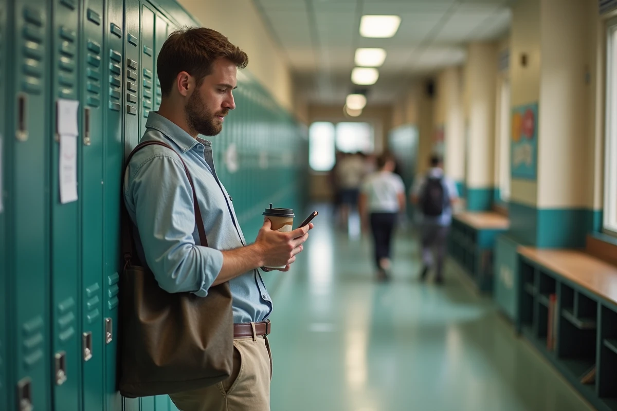 Jeune professeur dans un couloir d'école publique française, témoignant du quotidien difficile d'un enseignant débutant avec un faible salaire