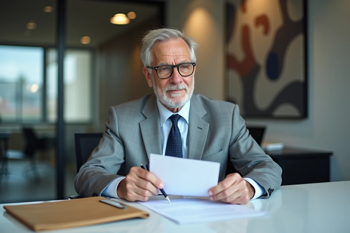 Professeur examinant une lettre de recommandation imprimée pour un dossier de financement sur une table de réunion universitaire