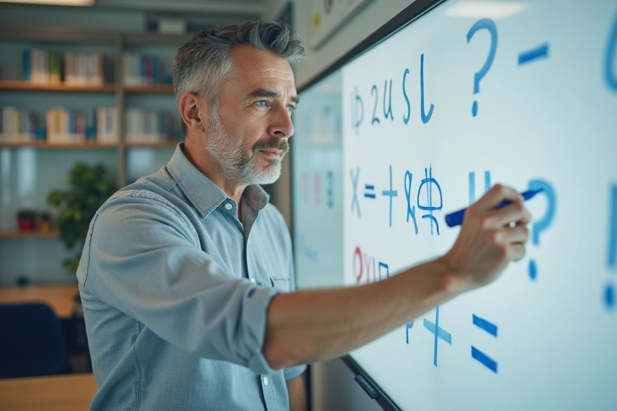 Professeur écrivant un exercice de ponctuation au tableau blanc dans une salle de classe moderne