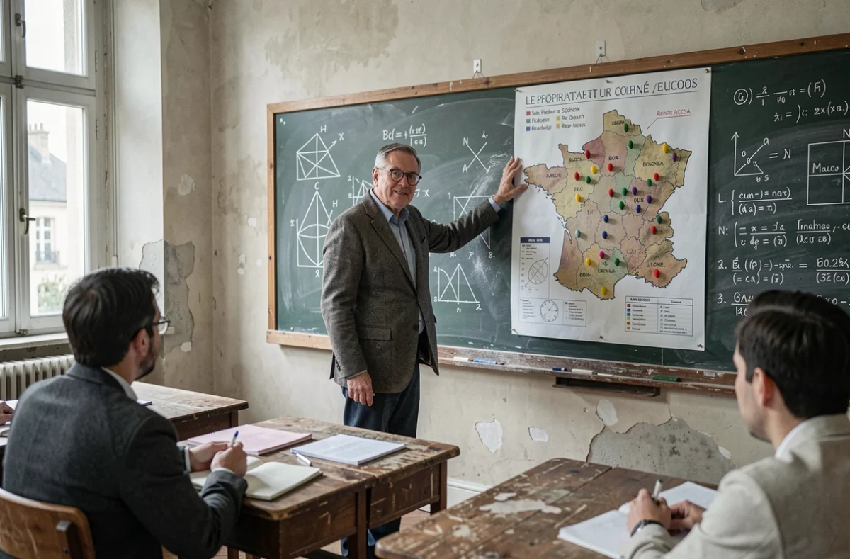 Professeur de prépa BCPST devant un tableau montrant la carte des lycées de province classés en France