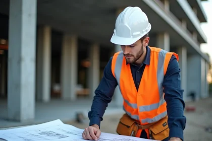 Professionnel du BTP en gilet haute visibilité consultant des plans sur un chantier de construction moderne