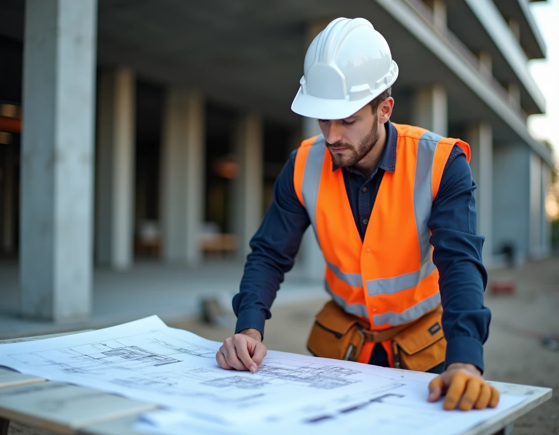 Professionnel du BTP en gilet haute visibilité consultant des plans sur un chantier de construction moderne
