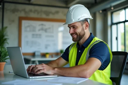 Professionnel du BTP consultant sa formation CPF sécurisée sur un ordinateur portable dans un bureau moderne