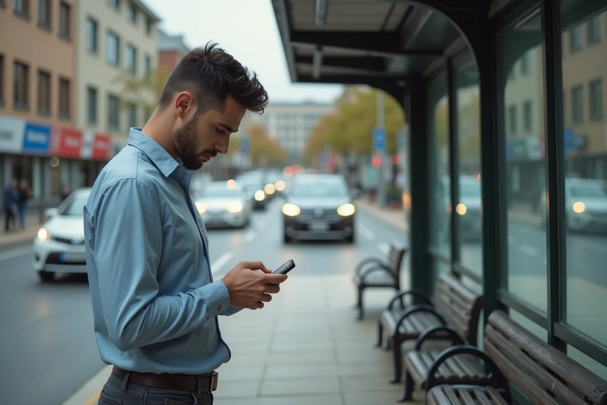 Jeune psychologue homme attendant au bus par temps gris