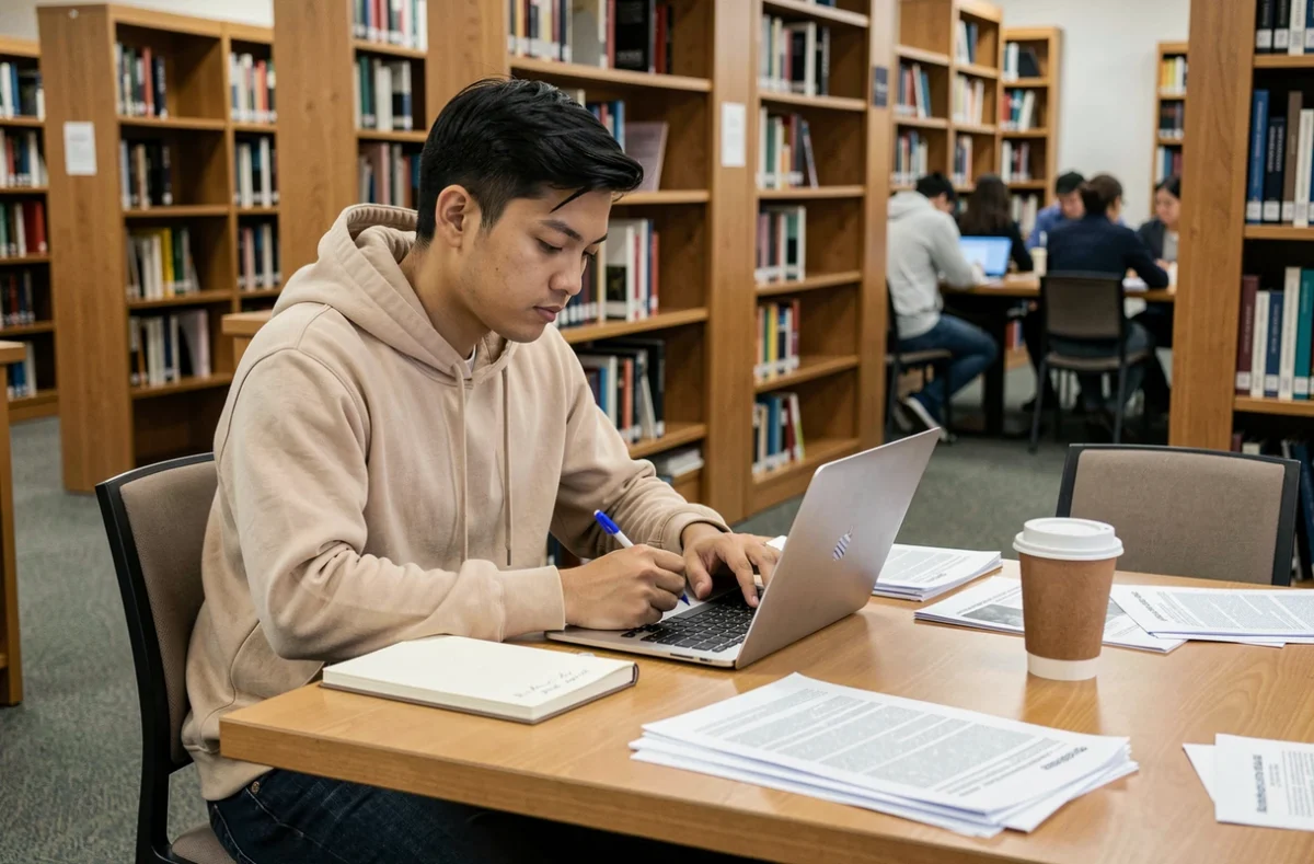Jeune homme sans papiers effectuant des recherches en bibliothèque pour trouver des solutions légales de financement de formation professionnelle
