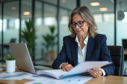 Responsable formation en entreprise consultant un dossier de conformité sur son bureau, illustrant la gestion sereine des obligations réglementaires de formation