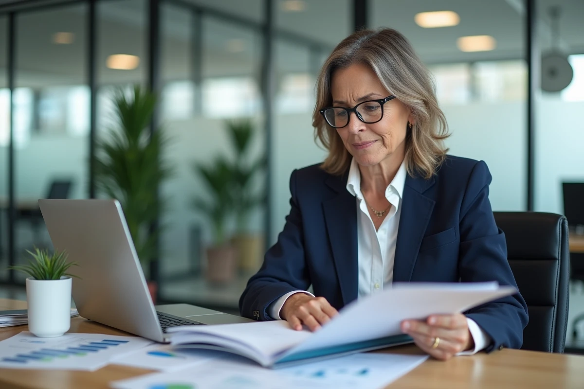 Responsable formation en entreprise consultant un dossier de conformité sur son bureau, illustrant la gestion sereine des obligations réglementaires de formation