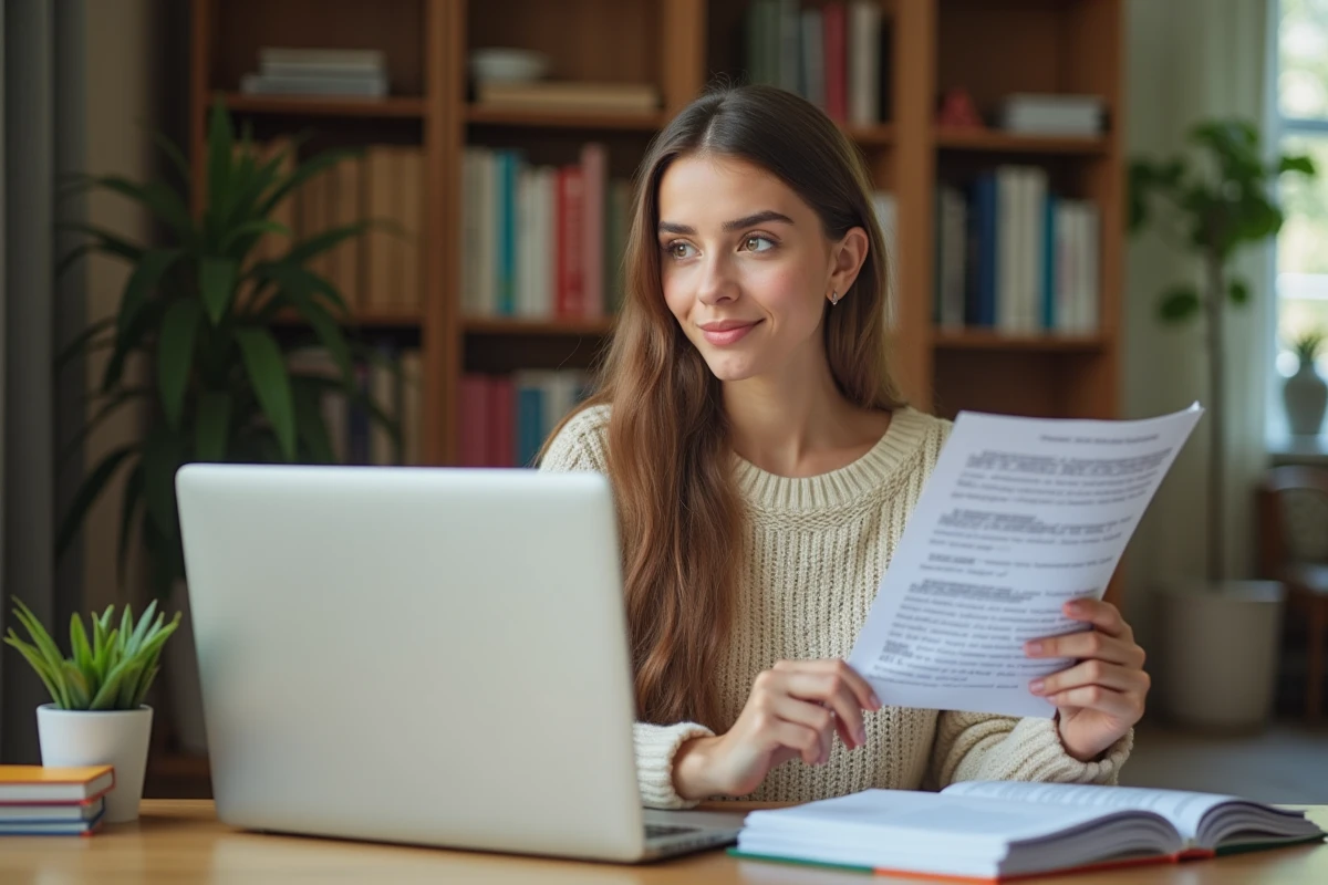 Jeune femme révisant des exercices de ponctuation et dictée à domicile avec un ordinateur portable et une fiche imprimée
