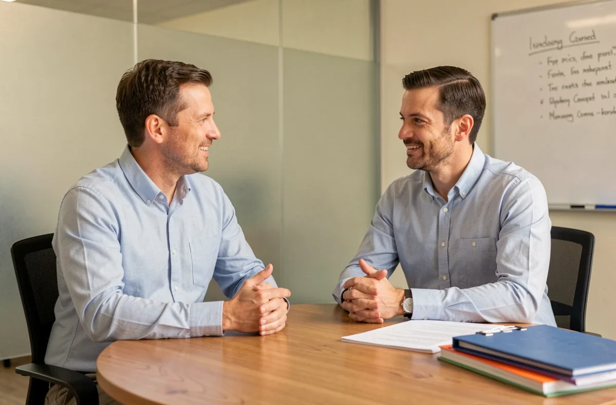 Homme en séance de bilan de compétences avec un conseiller en orientation professionnelle dans une salle de consultation